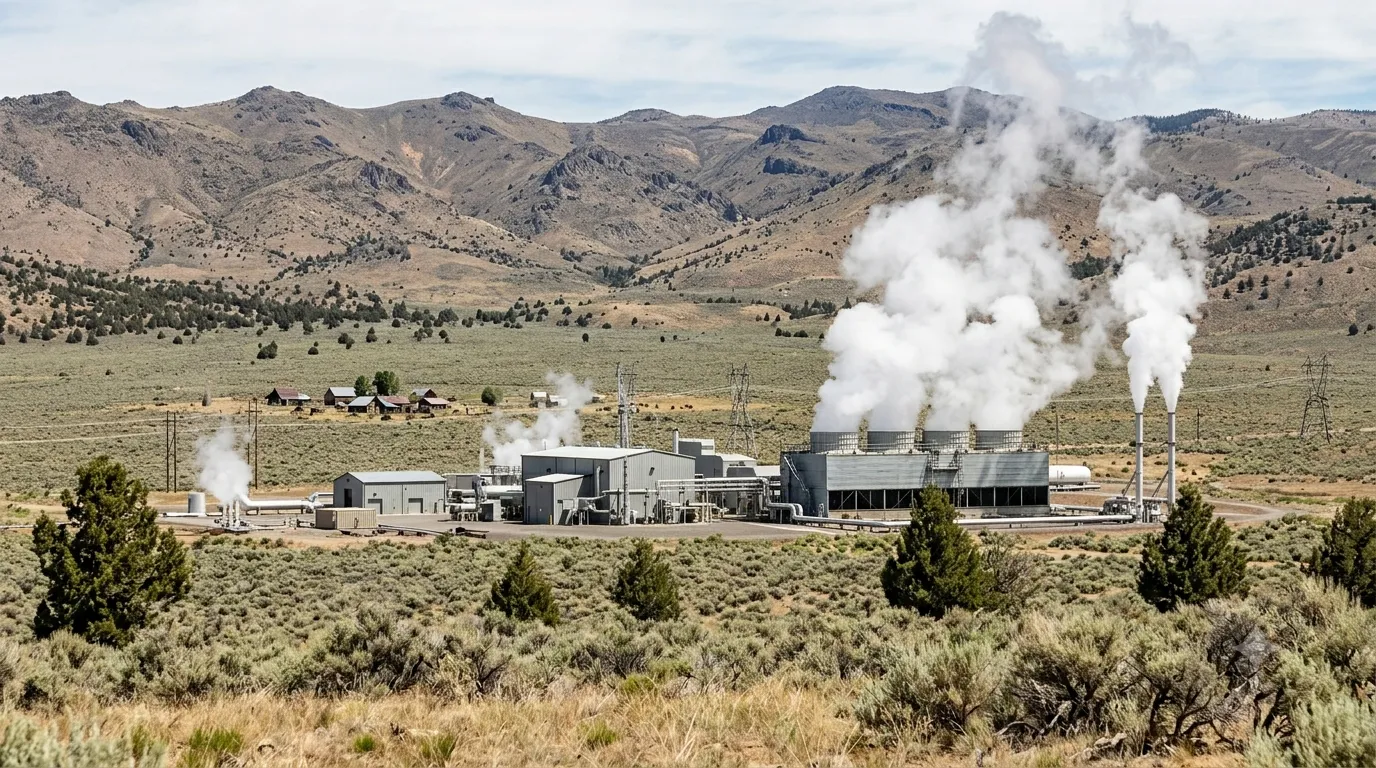 A geothermal power plant releasing steam against arid mountains