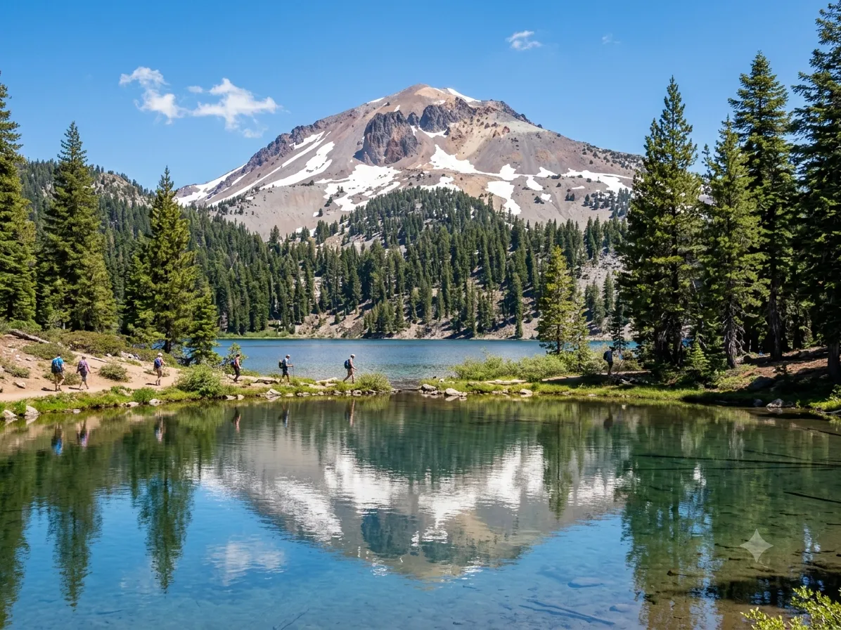 Hikers on a trail below Lassen Peak, reflected in an alpine lake
